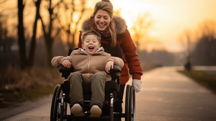 A beautiful little boy with a disability walks in a wheelchair with his mom at sunset. A child with disabilities