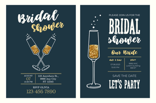 Bridal shower invitation cards design set. Illustration of champagne glass with glitter, vector. Bubbles of sparkling wine, wedding concept. Event, party, presentation, promotion, menu. - Powered by Adobe