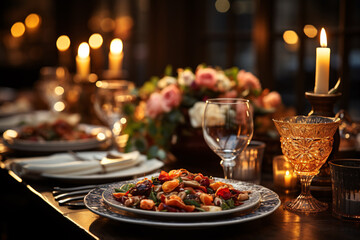 Elegant table setting with candles in restaurant. Selective focus. Romantic dinner setting with candles on table in restaurant.
