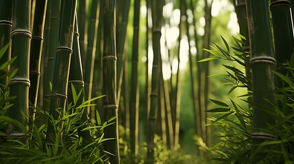 A serene bamboo forest filled with lush green plants