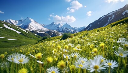 A colorful field of wildflowers with majestic mountains as the backdrop - obrazy, fototapety, plakaty
