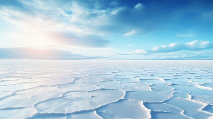 A majestic ice landscape illuminated by the sun's rays piercing through the clouds