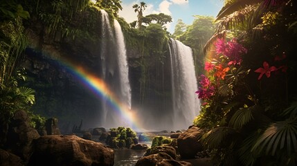 A beautiful waterfall with a vibrant rainbow shining through it