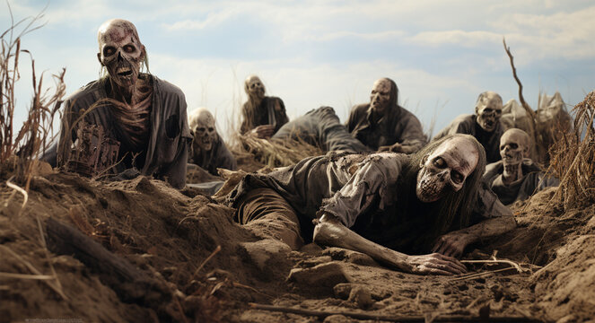 Scary zombies running through the sand. Horror movie. Halloween.