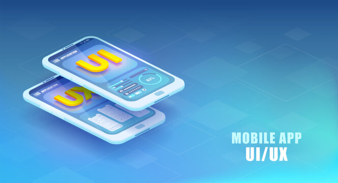 Mobile application design concept. Isometric vector of a smartphone mockup with active blocks and connections, process of creation of the user interface.