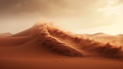 A windy desert landscape with sand dunes in motion