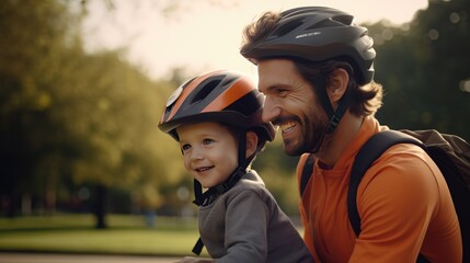 Happy family: father puts on son helmet for safe cycling in park- generative AI, fiction Person