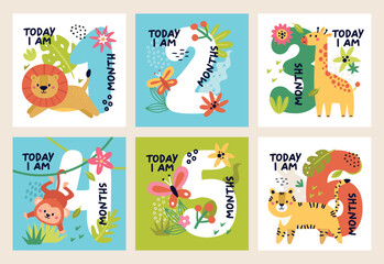 Baby milestone vector cards with safari jungle animals