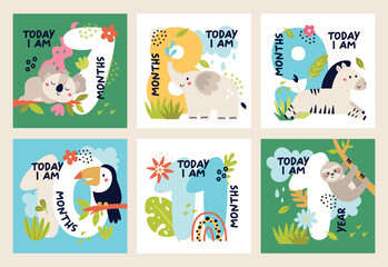 Baby milestone vector cards with safari jungle animals © ejevyaka