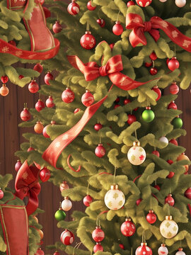 View of beautifully decorated Christmas tree. Generative AI. free Stock Photo