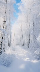 A winter wonderland forest covered in a blanket of snow