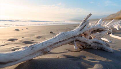 A weathered piece of driftwood resting on a serene sandy beach - obrazy, fototapety, plakaty