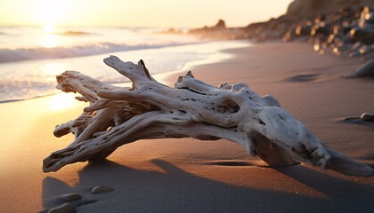 A weathered piece of driftwood resting on a sandy beach - obrazy, fototapety, plakaty