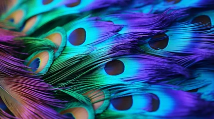 Foto op Canvas A vibrant and intricate display of a peacock's tail feathers up close © KWY