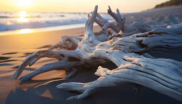 Driftwood on a beach at sunset