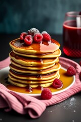 A stack of raspberry pancakes, minimal syrup, food photography