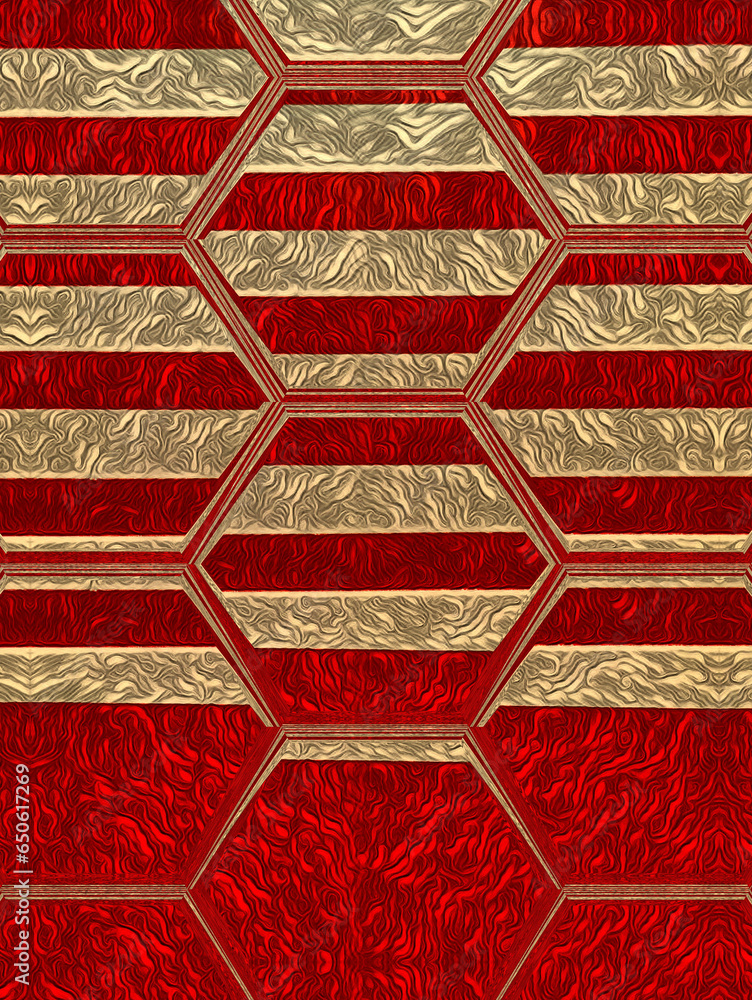 Poster red and beige striped concentric hexagonal shaped pattern with textured surface