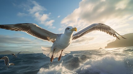 A majestic seagull soaring over the vast ocean