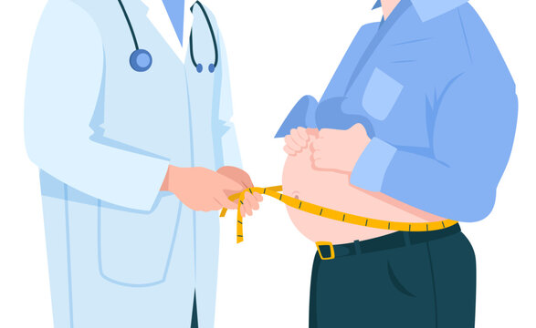 Vector of an obese, overweight male patient, doctor measuring with tape his waist line around stomach, belly isolated on white background.