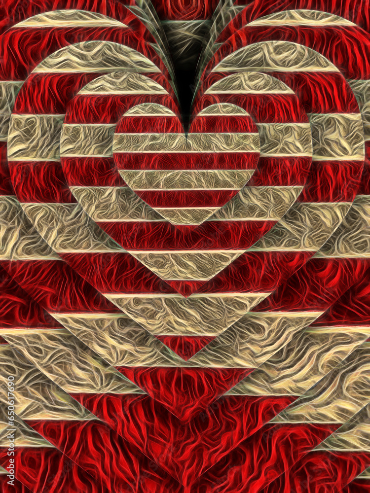 Poster red and beige striped concentric heart shaped pattern with textured surface