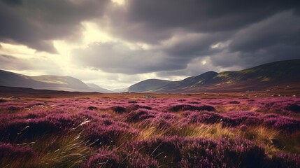 A field of vibrant purple flowers under a dramatic cloudy sky