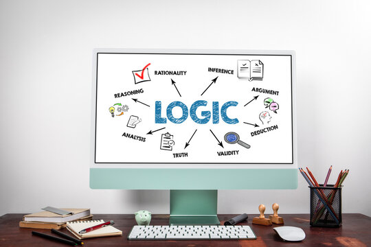 LOGIC Concept. Illustration with keywords, icons and arrows. Computer on the office table