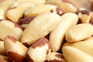 Brazil nuts closeup as background. Shelled nuts. Brown Brazil nut kernels, a healthy choice