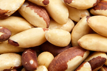 Brazil nuts texture background closeup. Shelled nuts, top view. Heap of shelled Brazil nuts