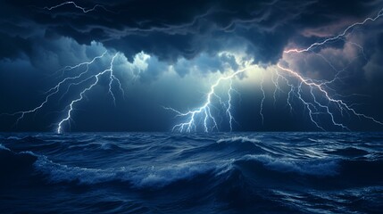 A dramatic lightning storm over the ocean - obrazy, fototapety, plakaty