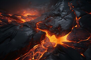 A close-up of a vibrant lava flow with intense orange flames