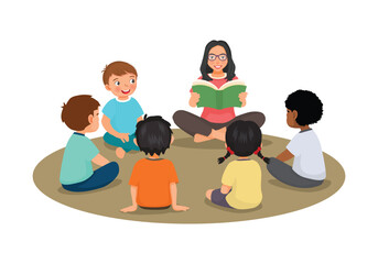 Young female teacher explaining lesson telling story to group of students sitting on the floor
