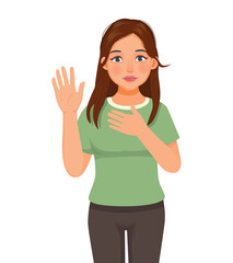 Young woman swearing making an oath promising with hand on her chest and raising opened palm