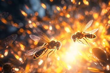 Two bees in flight with vibrant light backdrop