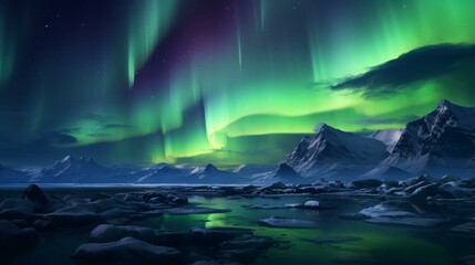 Naklejka premium A stunning green and purple aurora borealis illuminating a majestic mountain range