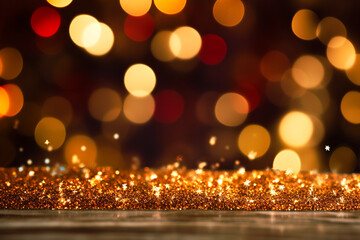 Gold and dark red Fireworks and bokeh in New Year eve and copy space. Abstract background holiday.  AI generative - obrazy, fototapety, plakaty