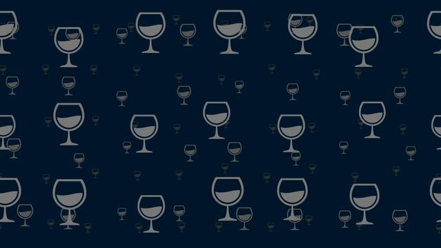 Wineglass symbols float horizontally from left to right. Parallax fly effect. Floating symbols are located randomly. Seamless looped 4k animation on dark blue background