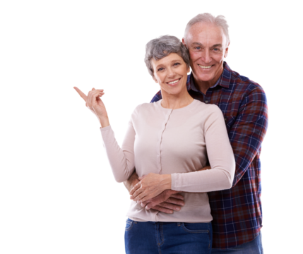 Portrait, hugging and elderly couple with smile, commitment and marriage in romantic relationship. Husband, wife and hand gesture with finger, family goals and isolated on transparent png background