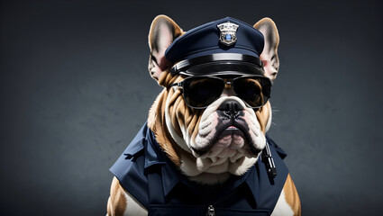 Mean looking bulldog working as a security officer or cop, wearing police hat, and sunglasses. Guarding dog concept. Wide banner copy space for text. Generative Ai - obrazy, fototapety, plakaty