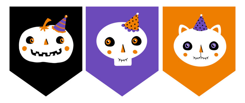 Funny Hand Drawn Halloween Vector Bunting. Garland with White Skull, Pumpkin and Cat on a Black, Violet and Orange Background. Halloween Party DIY Printable Decoration. RGB Colors.