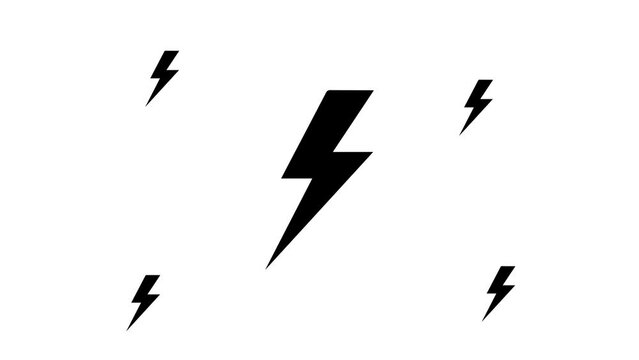 Zoom in and out animation the lightning symbol. Large black symbol in the center and four small symbols around. Seamless looped 4k animation on white background