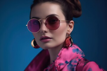 Elegant confident woman in a fashionable outfit with a fuchsia pink suit and pink earrings. sunglasses, Copy, empty space for text, generative AI
