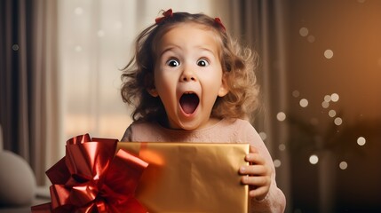 child surprised and excited with christmas gift - obrazy, fototapety, plakaty
