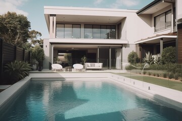 Modern facade of a luxury villa with a large swimming pool. Luxury real estate, generative AI