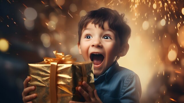 Naklejki child surprised and excited with christmas gift