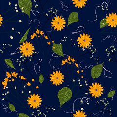 Fototapeta na wymiar Beautiful classic summer floral seamless pattern with yellow chamomiles and sprigs on blue background.