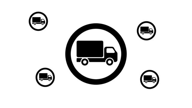Zoom in and out animation the truck traffic symbol. Large black symbol in the center and four small symbols around. Seamless looped 4k animation on white background