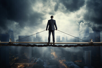 businessman walking on a rope over a city skyline