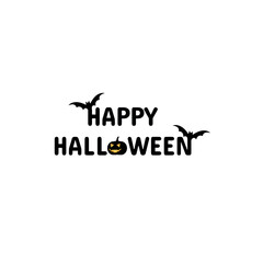 Happy Halloween. Halloween inscription with bats and pumpkin instead of a letter. Unique Halloween design element with pumpkin.