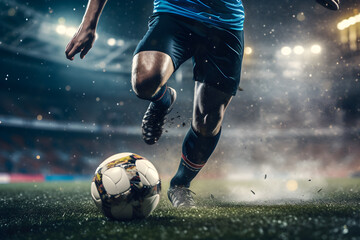 Fußballspieler im Stadion dribbelt mit Ball am Fuß, dynamische Spielszene, erstellt mit generativer KI - 650621617
