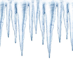 Icicle seamless border. Watercolor illustration. Hand drawn frozen water. Painted icicles seamless border. Isolated on white background